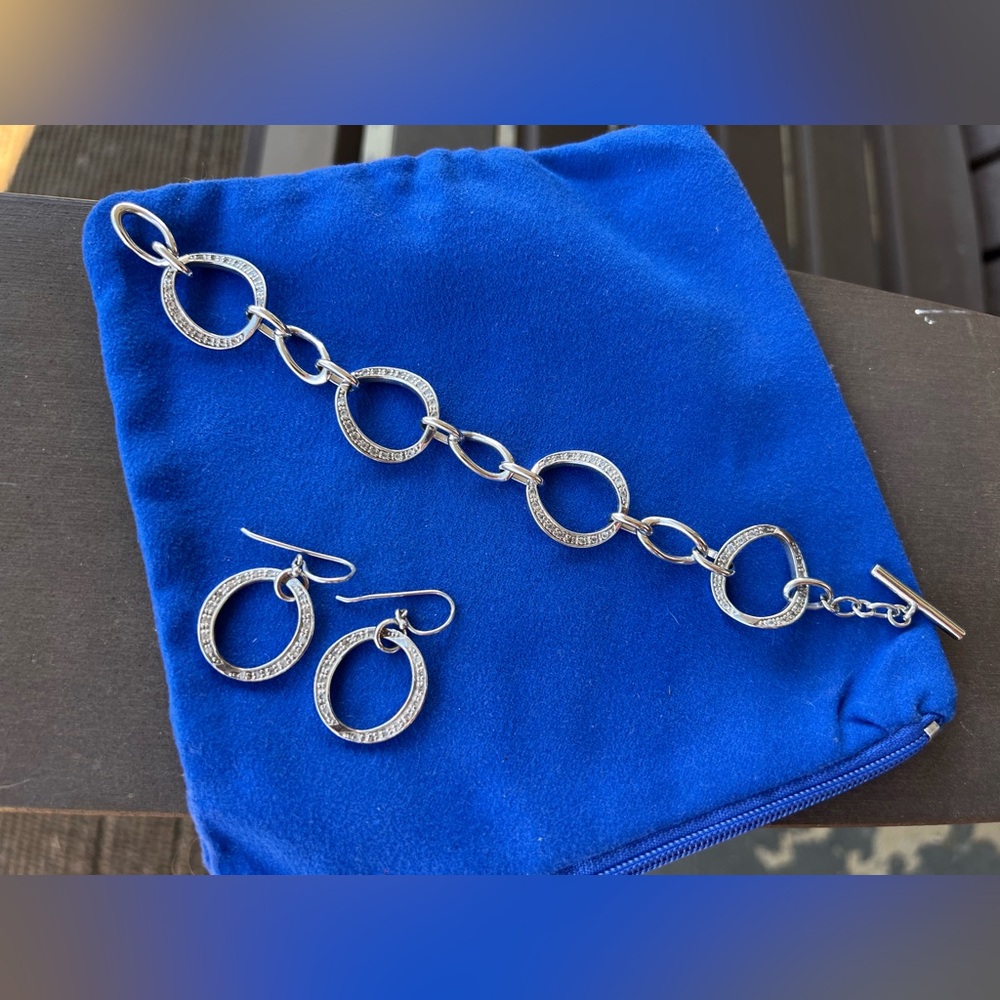 Sterling Silver .925 Circle Link Bracelet & Earrings New Rhodium Plated